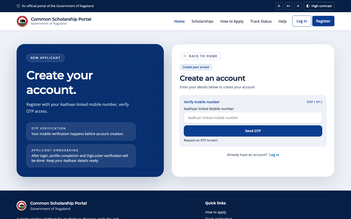 Registration page of the Common Scholarship Portal showing the account creation form