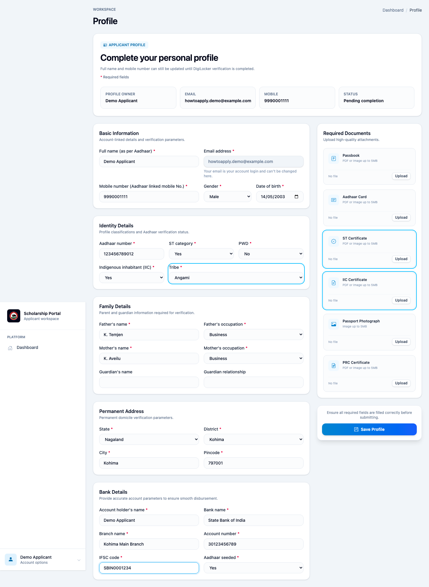 Applicant profile completion page with personal, identity, family, address and bank detail sections
