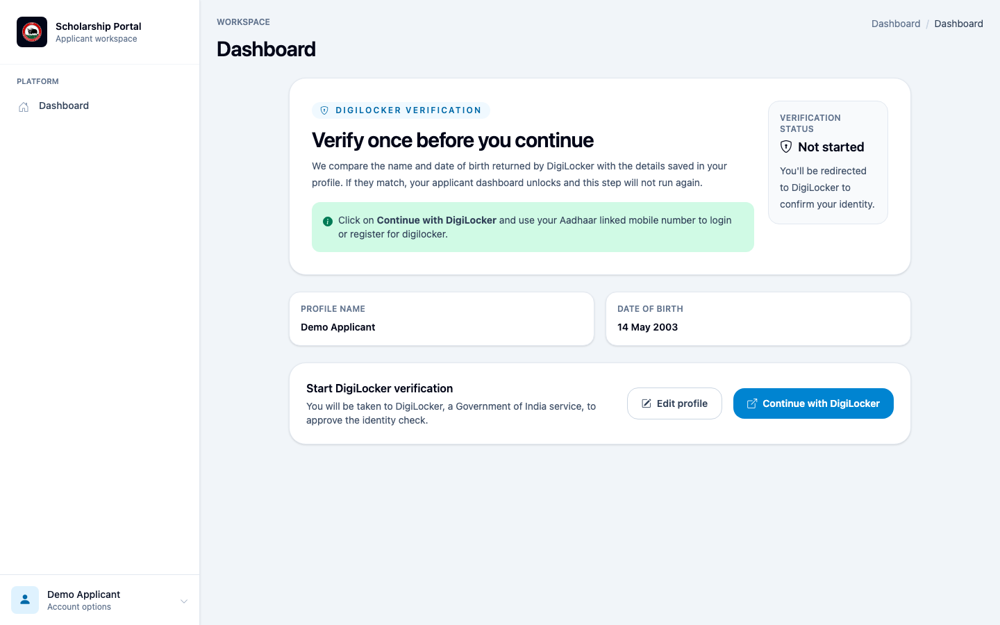 DigiLocker verification page showing verification status and the Continue with DigiLocker button
