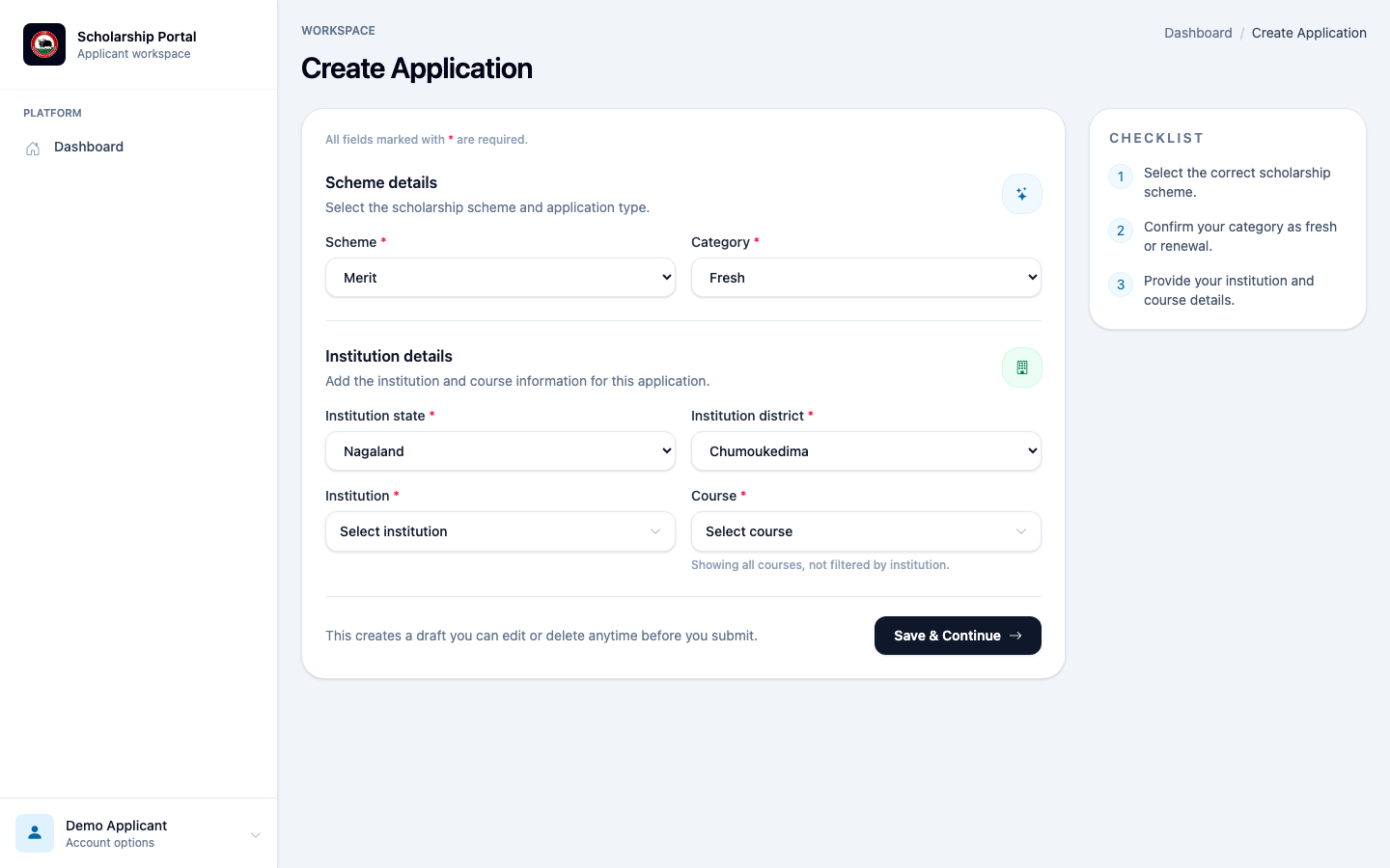 Create application page for selecting a scholarship scheme, category, institution and course