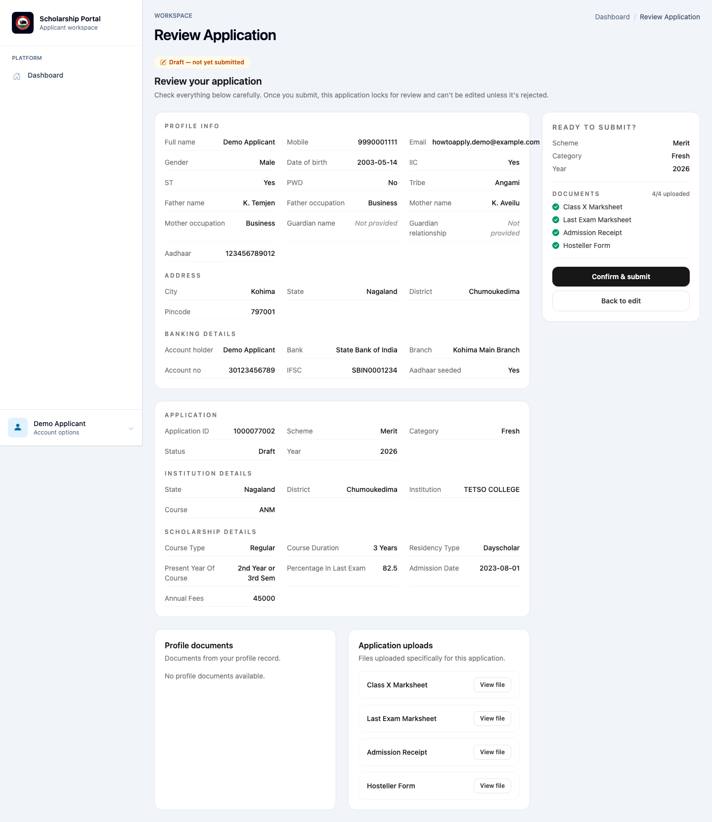 Review application page showing a preview of profile information, application details and uploaded documents before submission