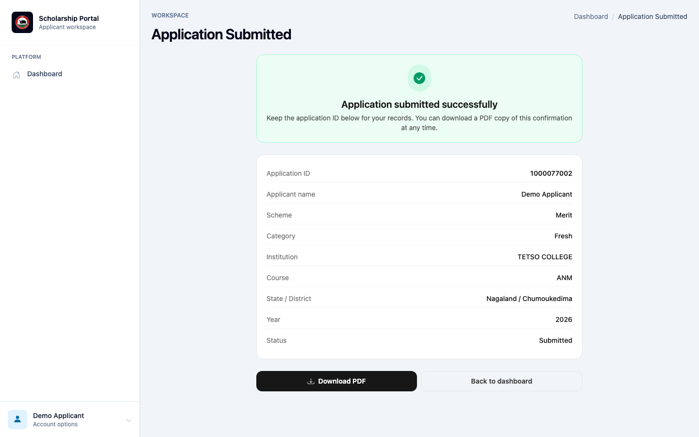 Application Submitted confirmation page showing the application ID, scheme details and a Submitted status
