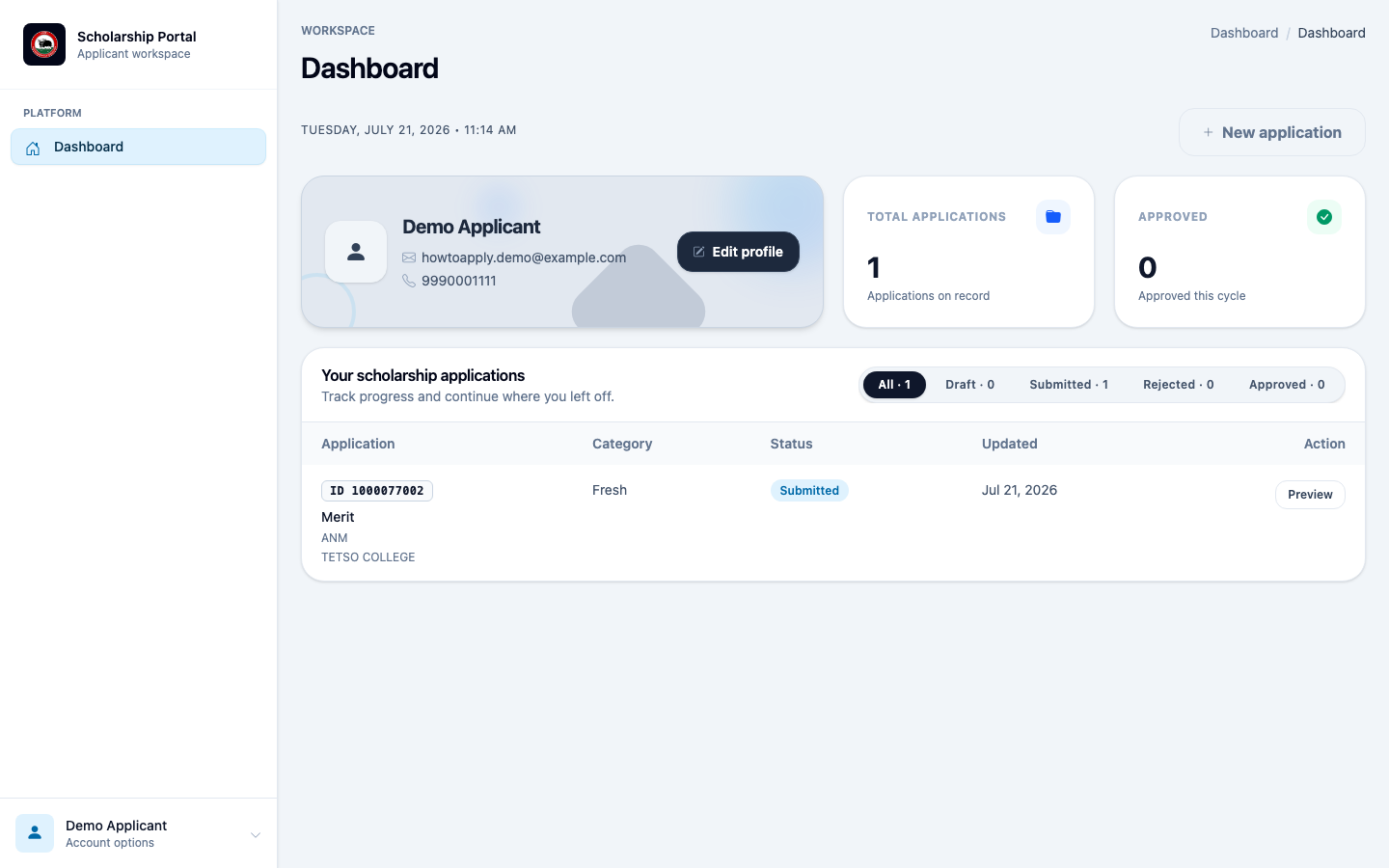 Applicant dashboard showing the scholarship application listed with a Submitted status badge
